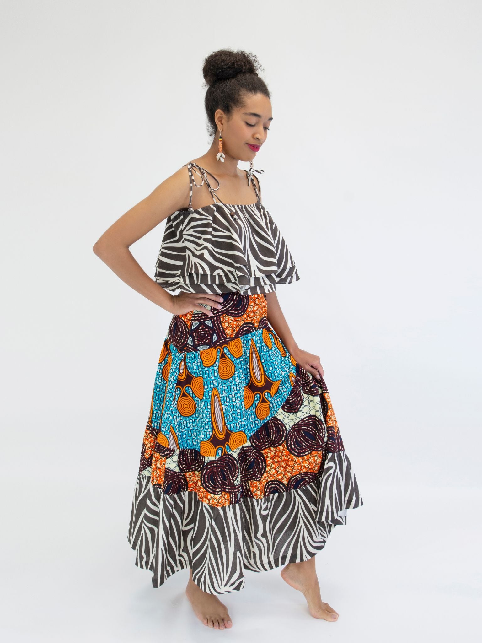 Mixed Print Tiered Maxi Skirt