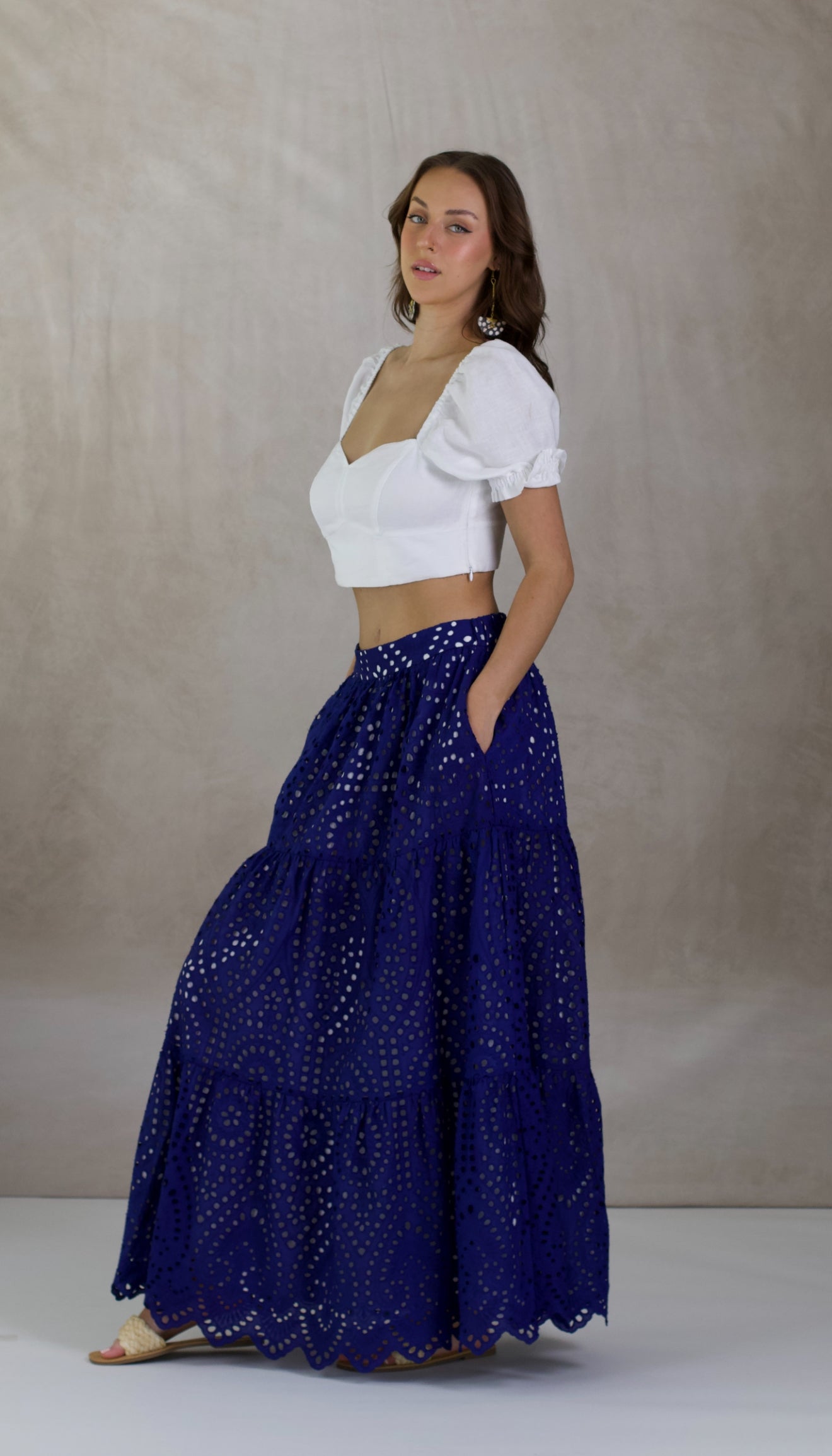 Indigo Eyelet Maxi Skirt