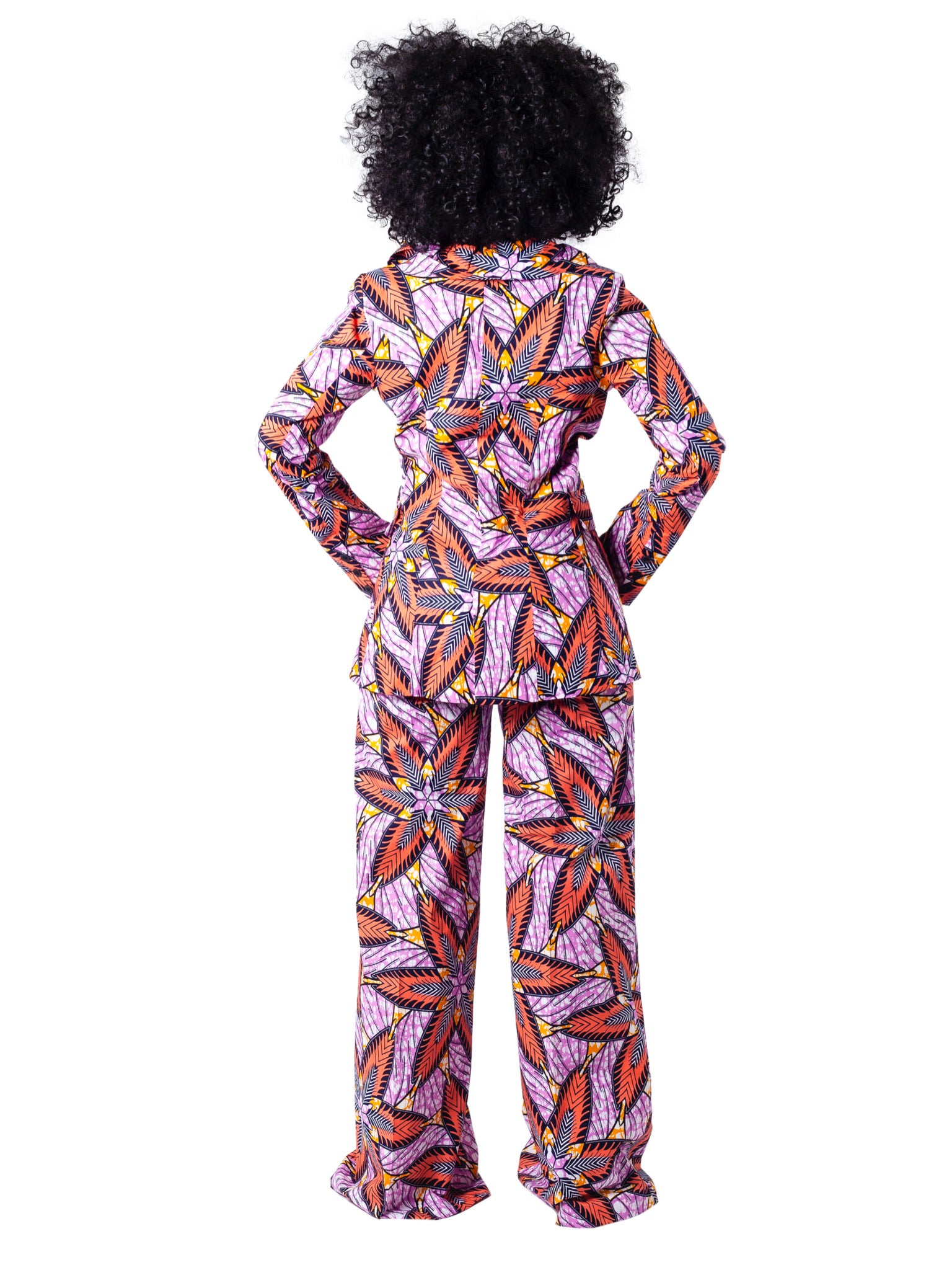 Women&#39;s ruffled lapel African Print blazer. Pink purple yellow navy blue all over batik print by Chen Burkett New York